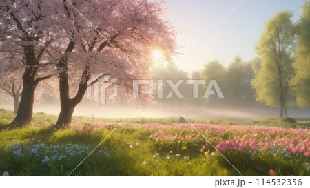Landscape of a variety spring flowers blooming...のイラスト素材 [114532356 ...
