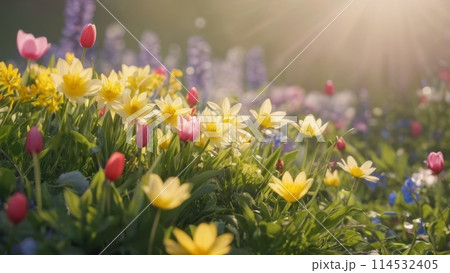 Closed up of a variety spring flowers blooming under a tranquil dreamy sun light in a spring morning 114532405