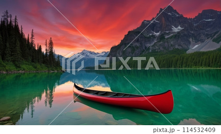 The canoe positioned at the heart of a pristine, rippling emerald lake, their reflection merging harmoniously with a backdrop of crimson sky and surrounding natural elements. 114532409