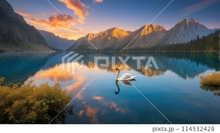 The swan at the heart of a pristine, rippling azure lake, their reflection merging harmoniously with a backdrop of golden sky and surrounding natural elements 114532428