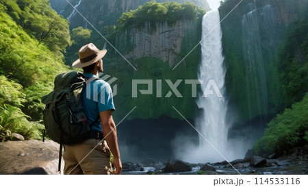 An adventureous man with backpacks standing on the edge of a cliff and looking at a waterfall 114533116