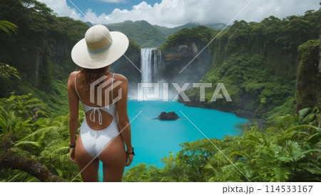 An adventureous woman with swinsuit standing on the edge of a cliff and looking at a blue lagoon with waterfall 114533167