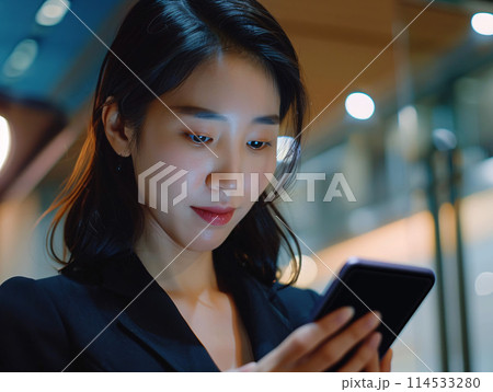 携帯を持つアジア人女性のビジネスパーソン 携帯を持つアジア人女性のビジネスパーソン 114533280