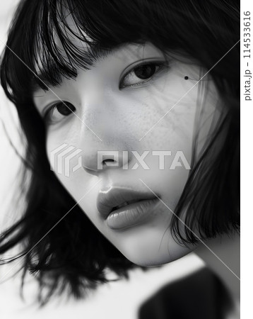 モノクロームの瞬間:若い日本人女性の表情 114533616