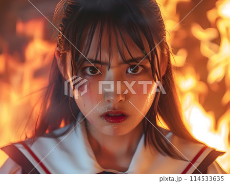 炎のアジア人の女子学生 114533635