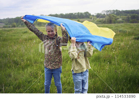 two little girls in the field under the Ukrainian flag in rain two little girls in the field under the Ukrainian flag in rain 114533890