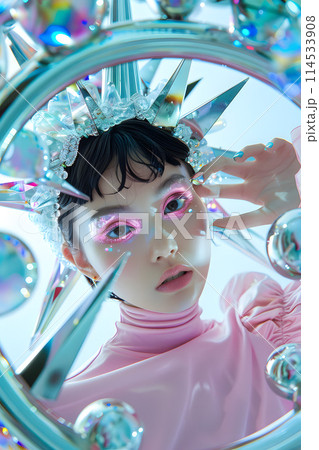 レトロフューチャーをイメージしたデジタルガーデンのアジア人女性 114533908