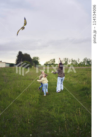 two little sisters and mother run and launch a kite in a field two little sisters and mother run and launch a kite in a field 114534006
