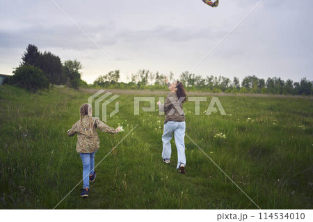 two little sisters and mother run and launch a kite in a field 114534010