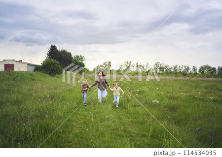 mother and children run holding hands in the field 114534035
