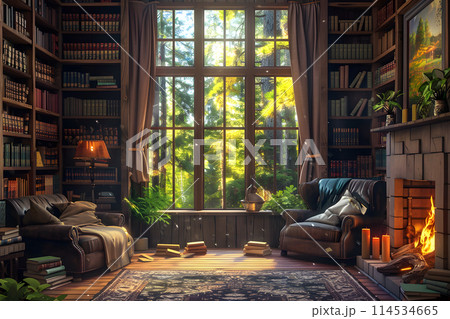 A cozy reading nook with a large window. 114534665