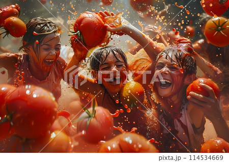 Celebrating La Tomatina with tomatoes. 114534669