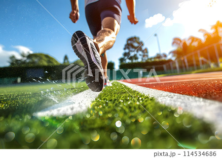 A man runs in a stadium. 114534686