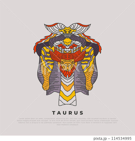 Taurus artwork with abstract colorful ornaments. Taurus cartoon illustration. Suitable for wallpaper, banner, background, card, book illustration, t-shirt design, sticker, cover, tattoo 114534995