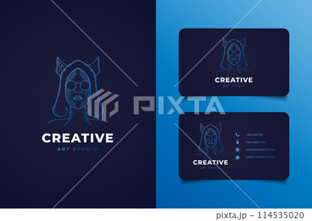 Illustration of woman with glasses in engraving style with blue gradient concept for your business logo 114535020
