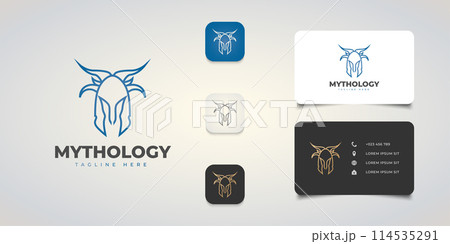 War helmet logo with horns in blue gradient concept, and business card design for your business branding or logo identity War helmet logo with horns in blue gradient concept, and business card design for your business branding or logo identity 114535291