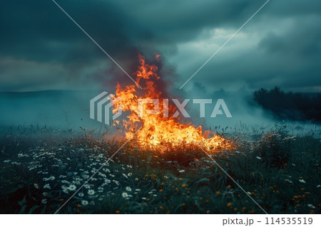 Fiery blaze in serene countryside at dusk 114535519