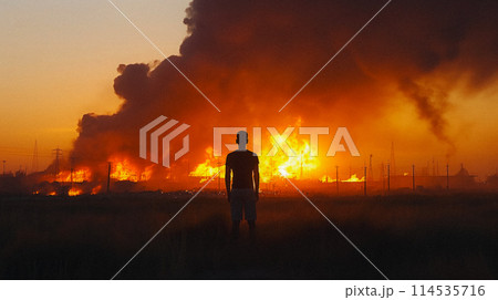 Figure silhouetted against a massive blaze in a nocturnal industrial area. 114535716