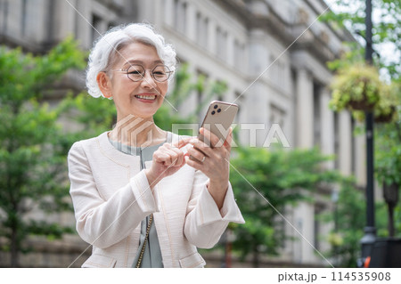 スマホを使うグレイヘアのシニア女性 114535908