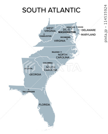 South Atlantic states, gray political map. United States Census division of South region. Delaware, Florida, Georgia, Maryland, North and South Carolina, Virginia, Washington, D.C., and West Virginia. 114535924