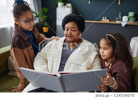 Portrait of senior Black woman with two children looking at photo album together and teaching family history Portrait of senior Black woman with two children looking at photo album together and teaching family history 114536070