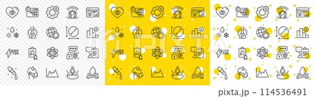 Outline Atom, Quickstart guide and Meditation eye line icons pack for web with Augmented reality, Biometric security, Chemistry pipette line icon. Weather, Web report, Globe pictogram icon. Vector 114536491