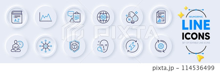 Multichannel, Diagram and Report document line icons for web app. Pack of Cogwheel, 5g internet, Vitamin n pictogram icons. Clipboard, Renewable power, Vocabulary signs. Dice. Vector 114536499