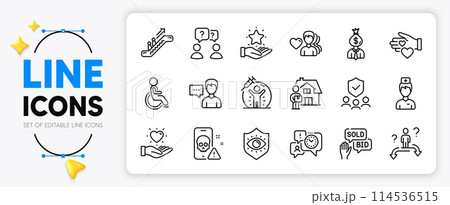Time management, Hold heart and Escalator line icons set for app include Vaccine protection, Business choice, Man love outline thin icon. Doctor, Manager, Teamwork questions pictogram icon. Vector 114536515