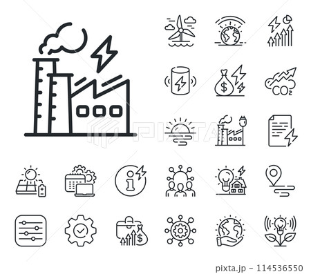 Electric energy power type sign. Energy, Co2 exhaust and solar panel outline icons. Electricity factory line icon. Lightning bolt symbol. Electricity factory line sign. Vector 114536550