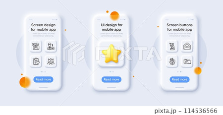 Microscope, Businessman case and Fireworks rocket line icons pack. 3d phone mockups with star. Glass smartphone screen. Patient history, Time management, Travel loan web icon. Vector 114536566