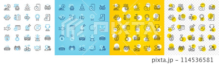 Vector icons set of Timer app, Laureate medal and Fitness calendar line icons pack for web with Award cup, Fitness, Yoga outline icon. Bicycle, Arena, Medal pictogram. Arena stadium. Vector 114536581