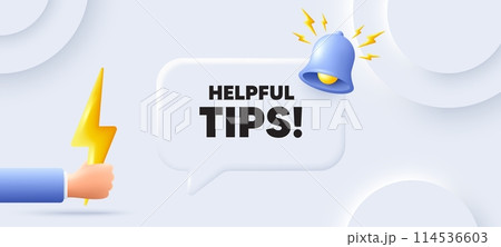 Helpful tips tag. Neumorphic background with chat speech bubble. Education faq sign. Help assistance symbol. Helpful tips speech message. Banner with energy. Vector 114536603