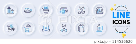 Shoes, Discounts chat and Wallet money line icons for web app. Pack of Hoody, Shopping trolley, Baggage pictogram icons. Baggage size, Cut, Sale bags signs. Furniture moving. Vector Shoes, Discounts chat and Wallet money line icons for web app. Pack of Hoody, Shopping trolley, Baggage pictogram icons. Baggage size, Cut, Sale bags signs. Furniture moving. Vector 114536620