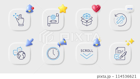 Recovery tool, Voting ballot and Cogwheel blueprint line icons. Buttons with 3d bell, chat speech, cursor. Pack of Move gesture, World communication, Time icon. Vector Recovery tool, Voting ballot and Cogwheel blueprint line icons. Buttons with 3d bell, chat speech, cursor. Pack of Move gesture, World communication, Time icon. Vector 114536621
