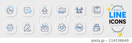 Verify, Difficult stress and Charge battery line icons for web app. Pack of Stop stress, Pie chart, Package size pictogram icons. Chat bubble, Cyber attack, Teamwork signs. Neumorphic buttons. Vector 114536640