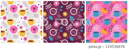 Coffee Time Seamless Pattern Design With Cacao Beans, Grains and Jug in Cartoon Flat Illustration Coffee Time Seamless Pattern Design With Cacao Beans, Grains and Jug in Cartoon Flat Illustration 114536676