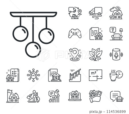 Fixture light sign. Floor plan, stairs and lounge room outline icons. Ceiling lamp line icon. Interior illuminate symbol. Ceiling lamp line sign. House mortgage, sell building icon. Vector 114536899