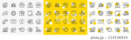 Outline Cash, Charging station and Spinach line icons pack for web with Presentation, Tablet pc, Payment received line icon. Delivery boxes, Dollar exchange, No handbag pictogram icon. Vector 114536934