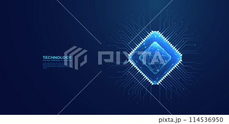 Computer chip on a circuit board. Light blue polygonal semiconductor. 114536950