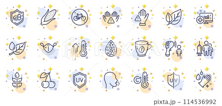 Outline set of Medical mask, Coffee and Cough line icons for web app. Include Corn, Gluten free, Uv protection pictogram icons. Celsius thermometer, Artificial colors. Circles with 3d stars. Vector Outline set of Medical mask, Coffee and Cough line icons for web app. Include Corn, Gluten free, Uv protection pictogram icons. Celsius thermometer, Artificial colors. Circles with 3d stars. Vector 114536992