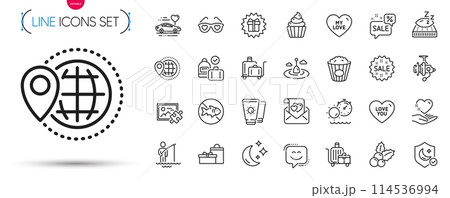 Pack of Tanning time, Fishing reel and Surprise gift line icons. Include Love letter, Luggage trolley, World travel pictogram icons. Cupcake, Honeymoon travel, Popcorn signs. Hold heart. Vector 114536994