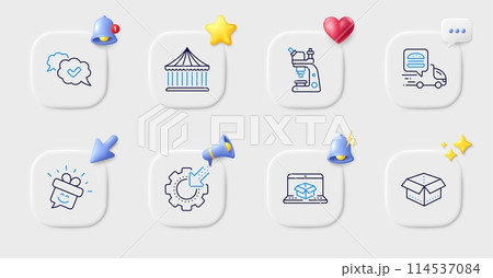 Approved, Carousels and Food delivery line icons. Buttons with 3d bell, chat speech, cursor. Pack of Microscope, Seo gear, Smile icon. Open box, Online delivery pictogram. Vector 114537084