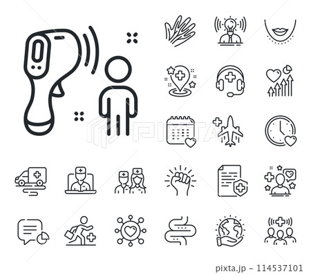 Temperature scanner sign. Online doctor, patient and medicine outline icons. Electronic thermometer line icon. Fever measuring symbol. Electronic thermometer line sign. Vector 114537101