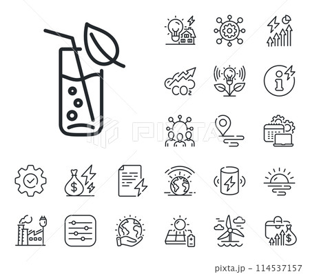 Soda aqua drink sign. Energy, Co2 exhaust and solar panel outline icons. Water glass line icon. Drop symbol. Water glass line sign. Eco electric or wind power icon. Green planet. Vector 114537157