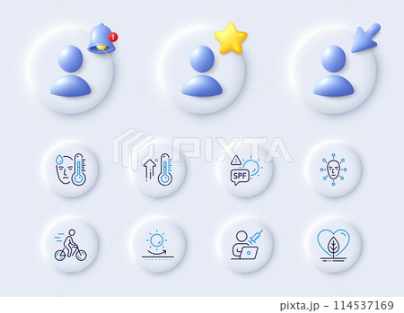 Vaccination appointment, Sun protection and High thermometer line icons. Placeholder with 3d cursor, bell, star. Pack of Fever, Cyclist, Spf protection icon. Vector 114537169
