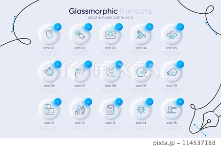 Set of Dishwasher timer, Cloud server and Loan percent line icons for web app. Card, Seo timer, Touchscreen gesture icons. Home facility, Vip mail, Alarm signs. Smartphone recovery. Vector 114537188
