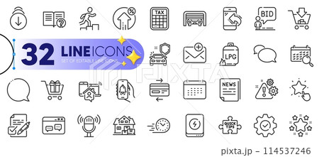 Outline set of Messenger, Speech bubble and Execute line icons for web with Home moving, Credit card, Shopping thin icon. Auction, Loan percent, Quick tips pictogram icon. Voting ballot. Vector 114537246