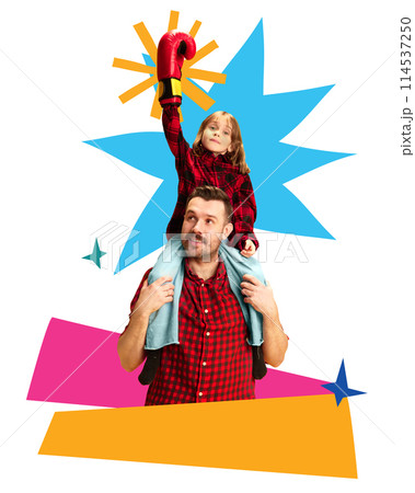 Poster. Contemporary art collage. Daughter sitting on father's shoulders and raising hand, dad looks proud against vibrant colorful background. 114537250