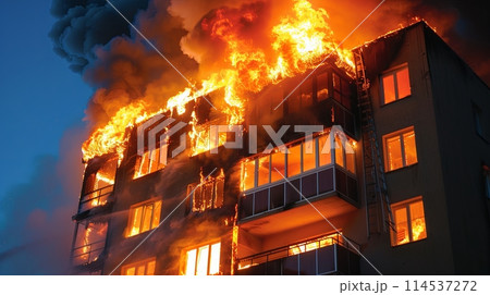fire in apartments of a multi-storey building 114537272