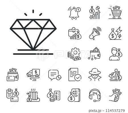 Jewelry crystal or brilliant sign. Cash money, loan and mortgage outline icons. Diamond line icon. Jewel treasure symbol. Diamond line sign. Credit card, crypto wallet icon. Vector 114537279
